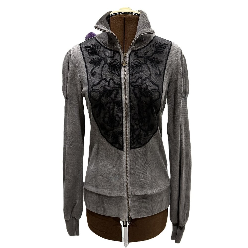 Fornarina Grey Lace Bodice Sweatshirt Zipper Top